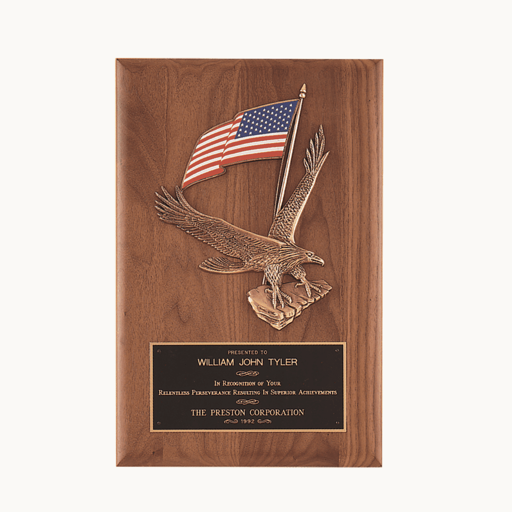 American Walnut Plaques with Bronze American Eagle and Flag - Cast American Eagle with American Flag