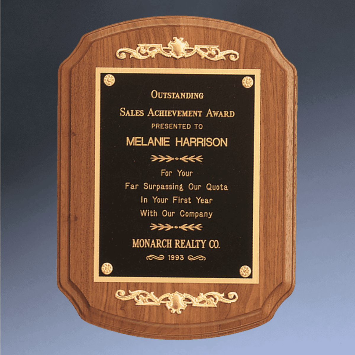 American Walnut Recognition Plaque with Framed Gold Scrolls - 9" (L) x 12" (H)