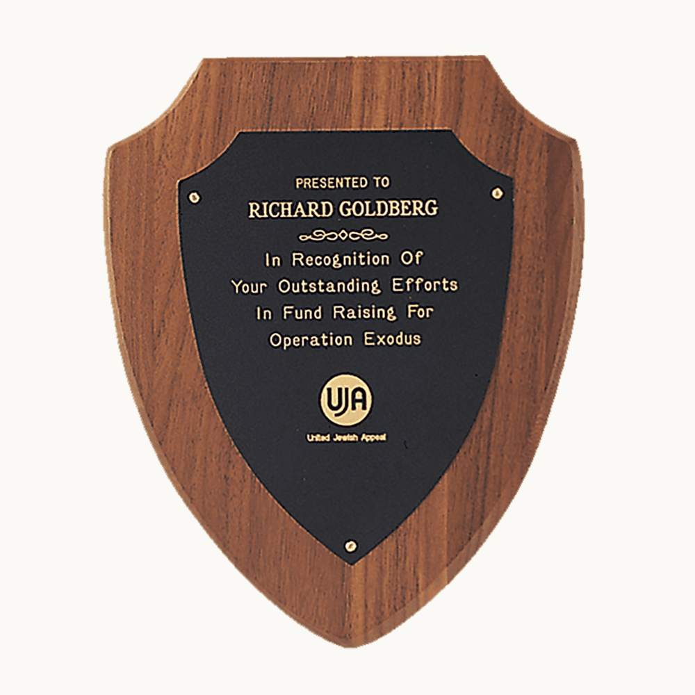 American Walnut Shield Plaques with Black & Gold Brass Plates - Classic