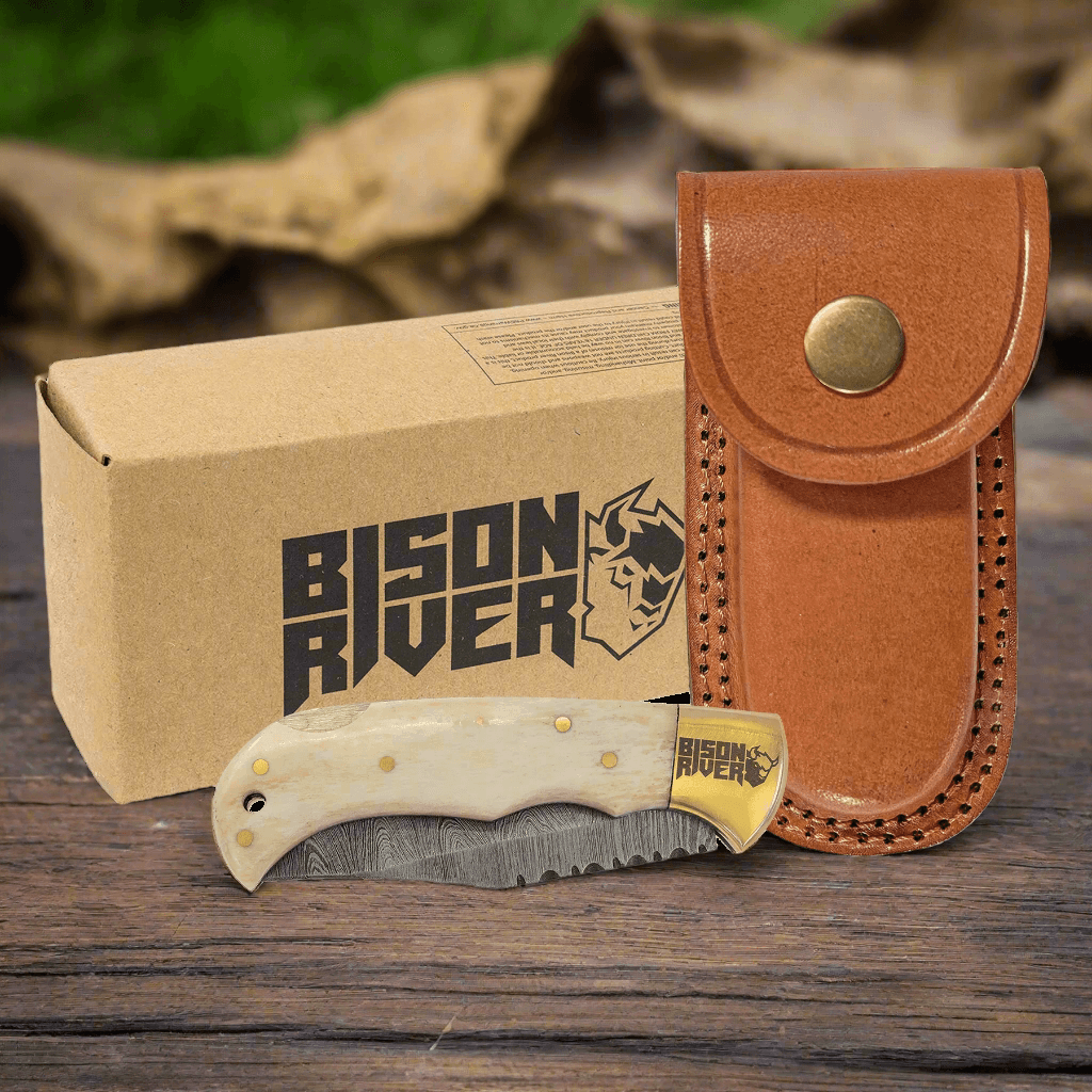 Bison River Damascus Steel Folding Knife with Custom Engraving - Folding and Locking - Wood Handle