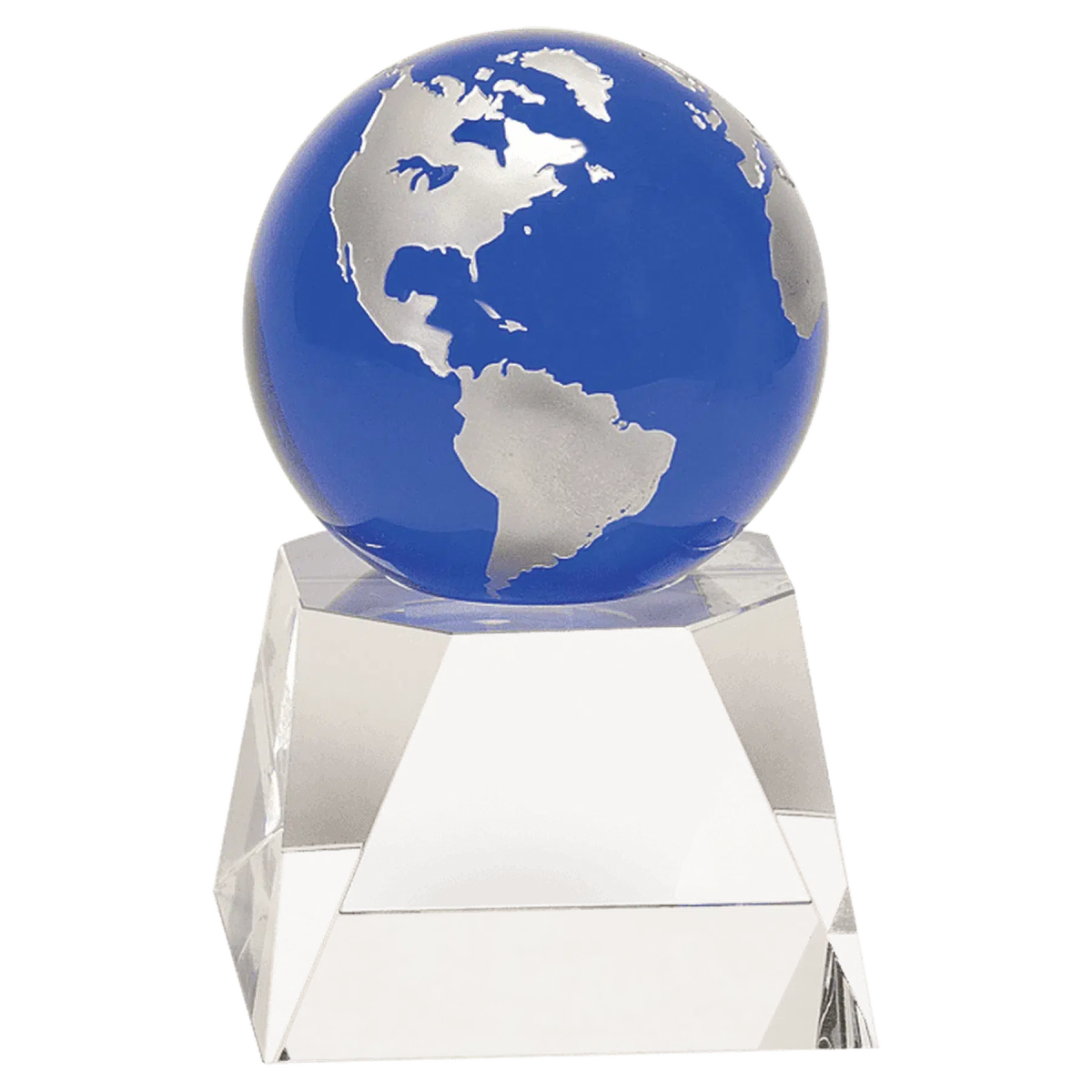 Blue Crystal Globe on Clear Crystal Base - LightForce Laser Engraving, LLC