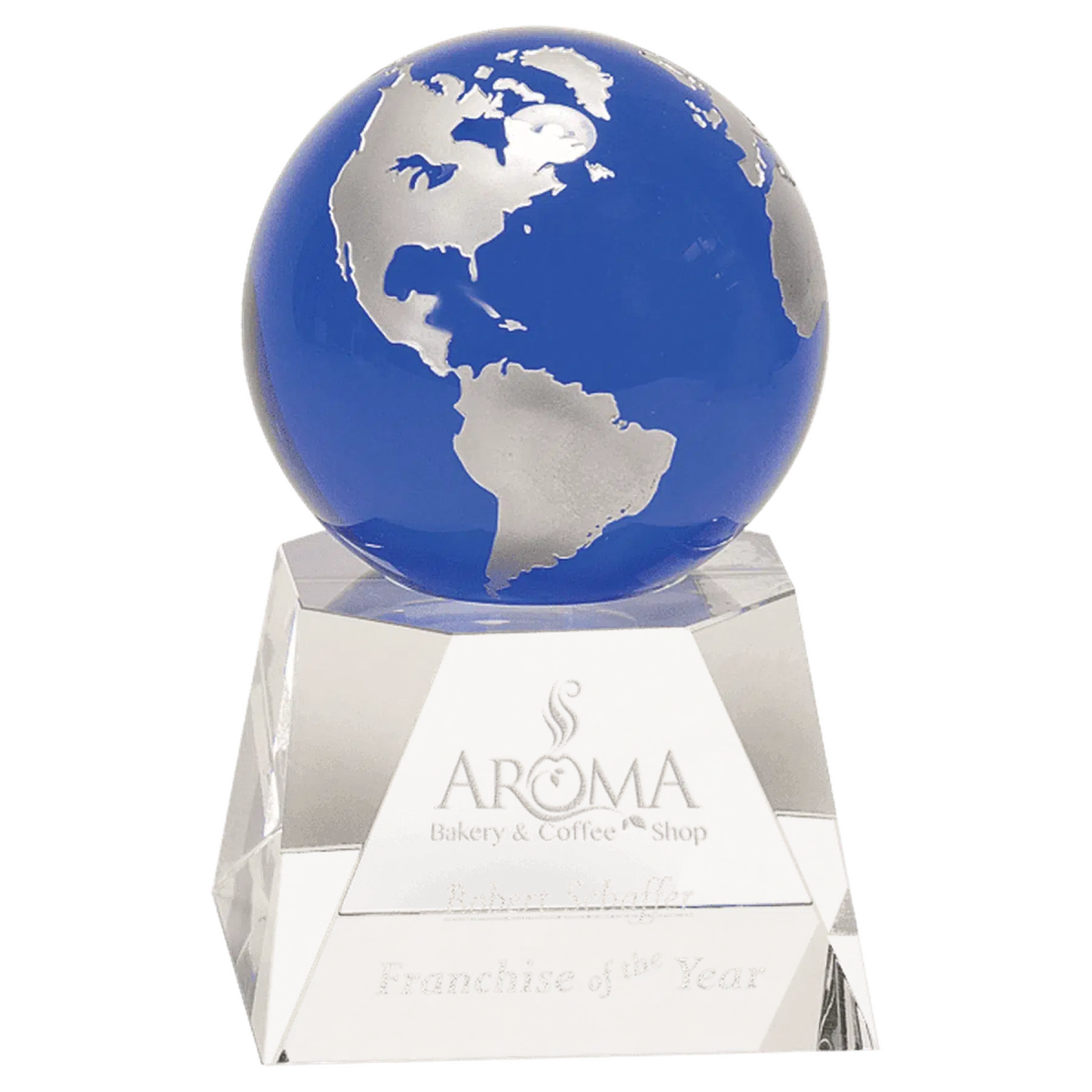 Blue Crystal Globe on Clear Crystal Base - LightForce Laser Engraving, LLC