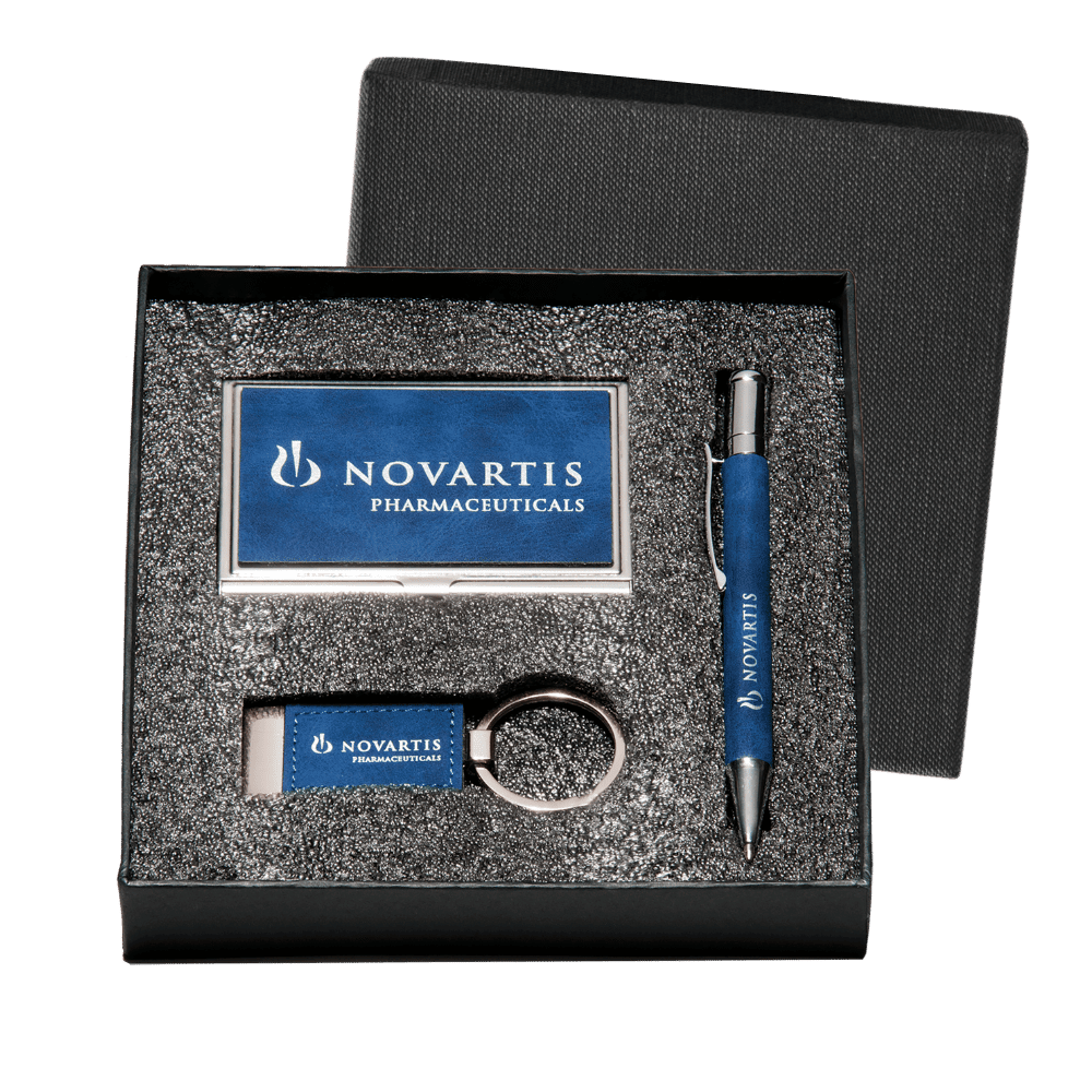 Business Card Gift Sets - Engraved Professional Gifts - Blue Marble Leatherette