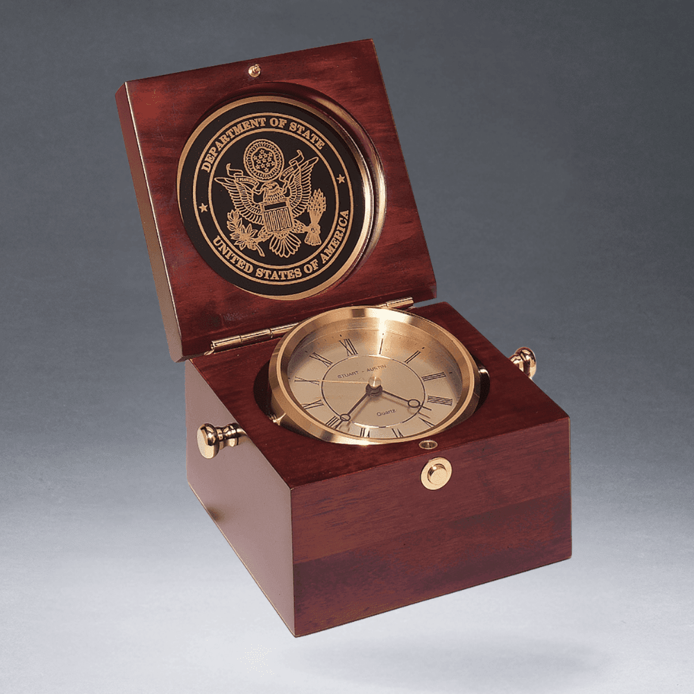 Captain's Clock - Solid Brass Housing and Mahogany Finish - 5 1/2" x 5 1/2"