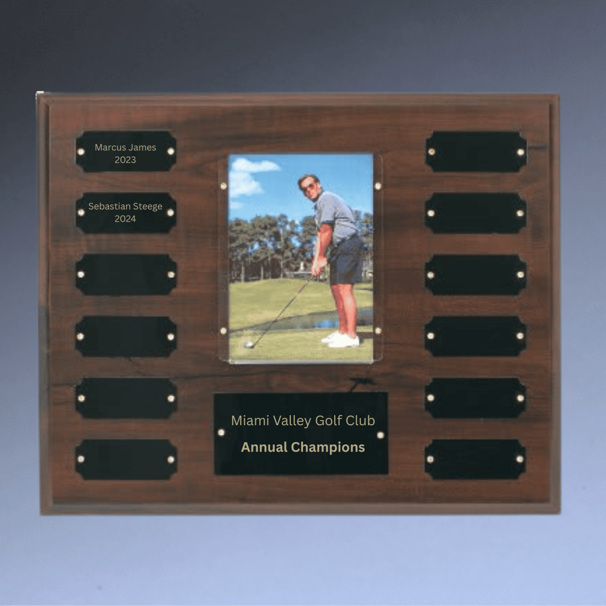 Cherry Finish Perpetual Plaque & Photo Holder with 12 Engraving Plates - 13" (L) x 10 1/2" (H)