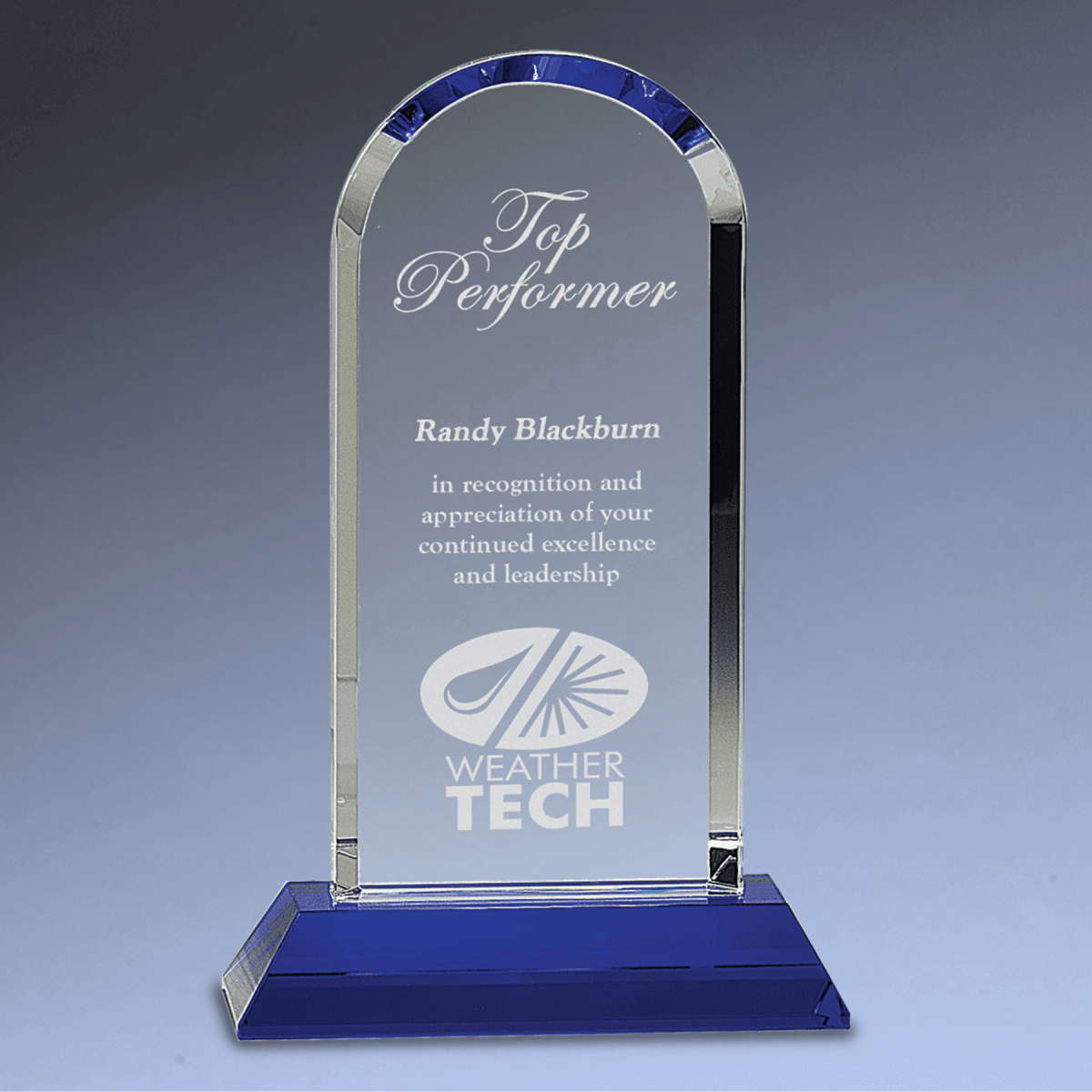 Clear Crystal Dome Award on Blue Pedestal Base - 5 3/4"(L) x 9 1/4"(H)