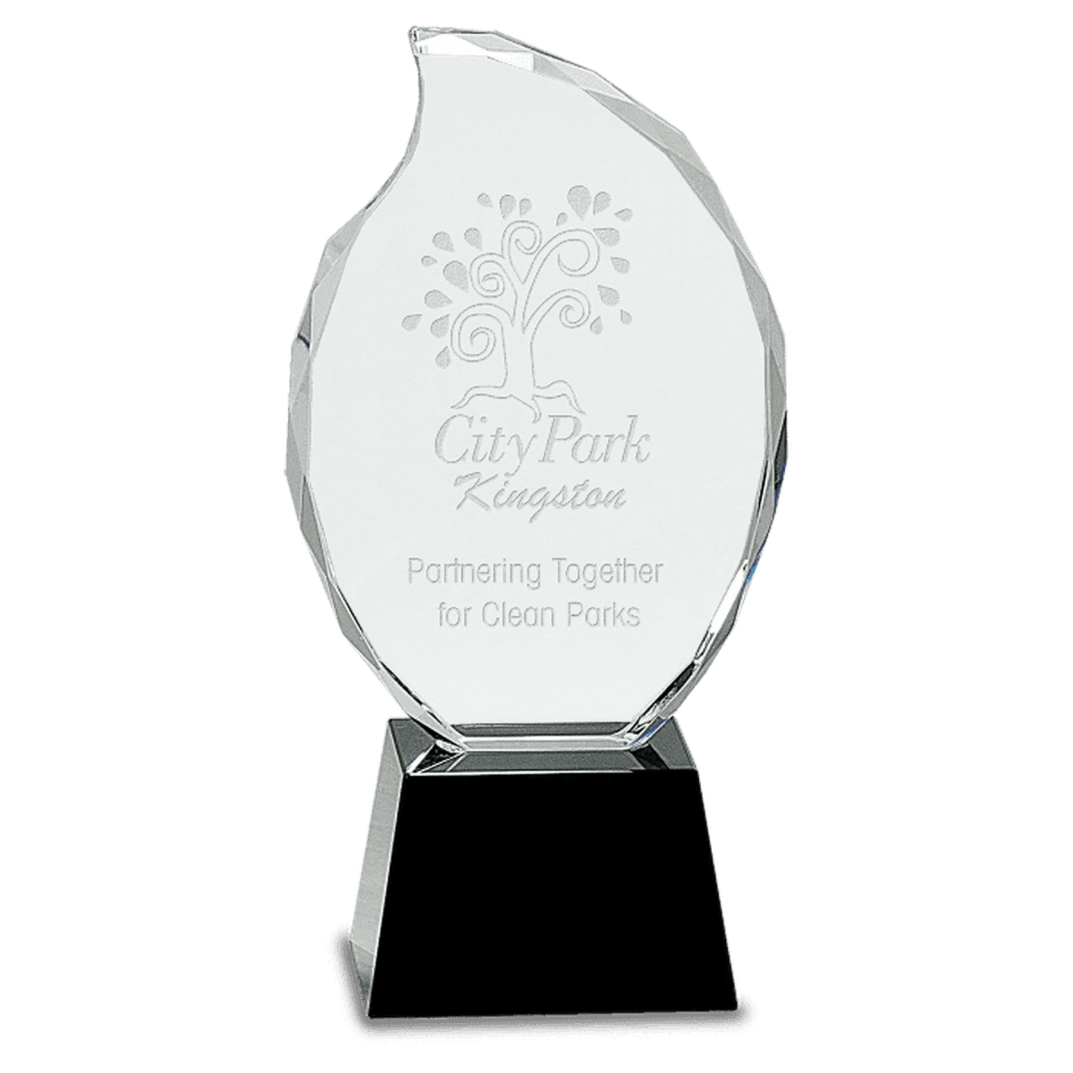 Clear Crystal Flame Award on Black Pedestal Base - 3 1/2" (L) x 9 1/4" (H) x 7/8" thick
