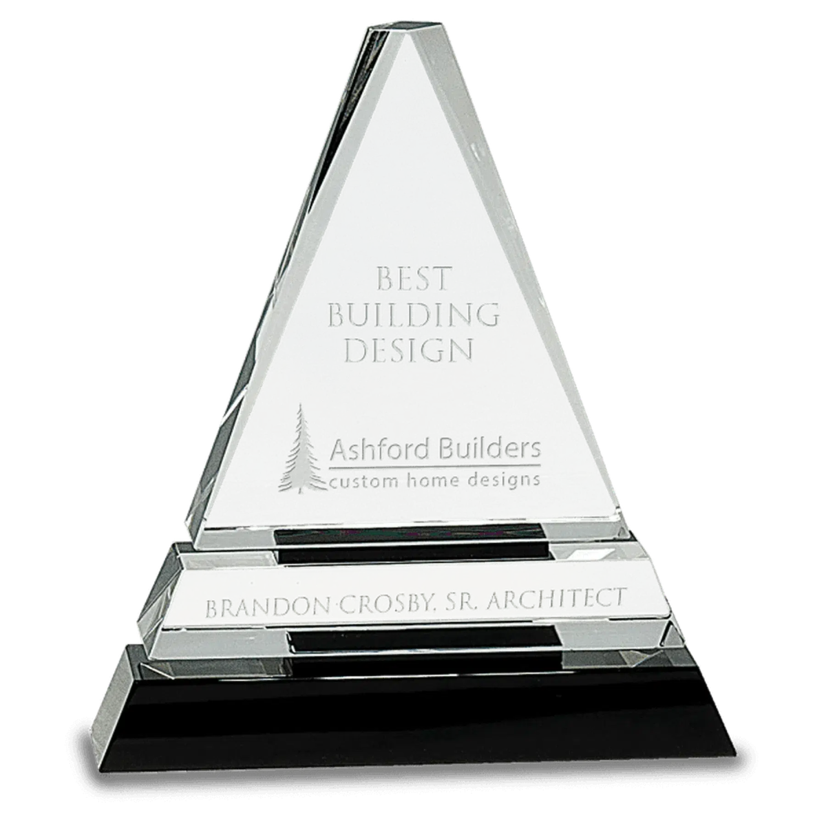 Clear Crystal Triangle on Black Crystal Pedestal Base - LightForce Laser Engraving, LLC