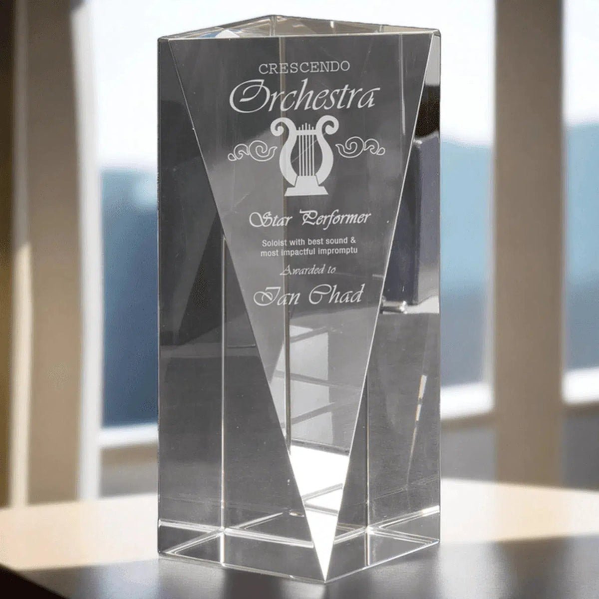 Clear Crystal Triangle Pillar Award with Custom Engraving - 6"