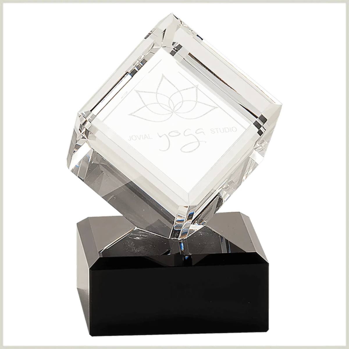 Crystal Cube on Black Pedestal Base - LightForce Laser Engraving, LLC