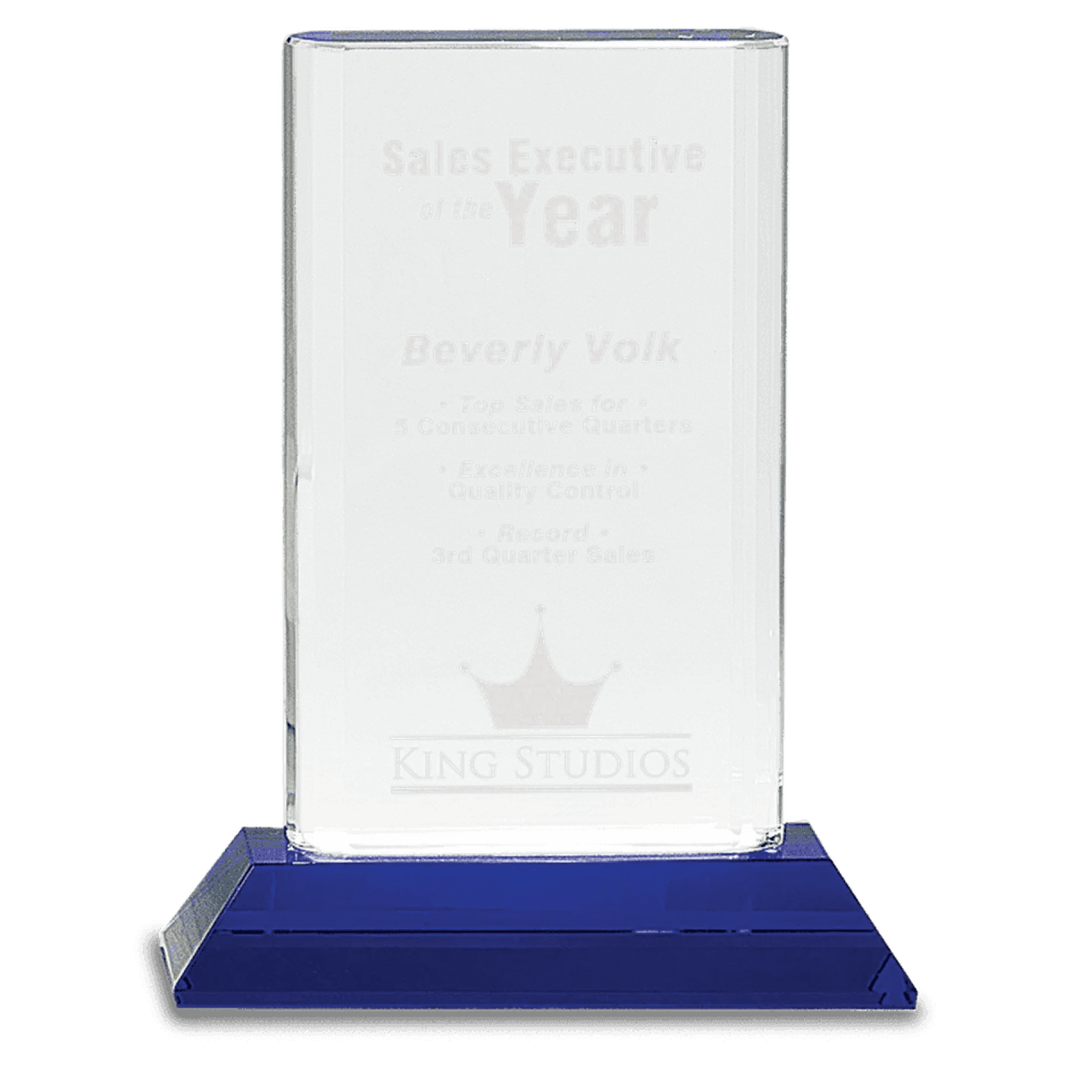 Crystal Cylinder Award on Blue Pedestal Base - 5 3/4"(L) x 7 3/4"(H)