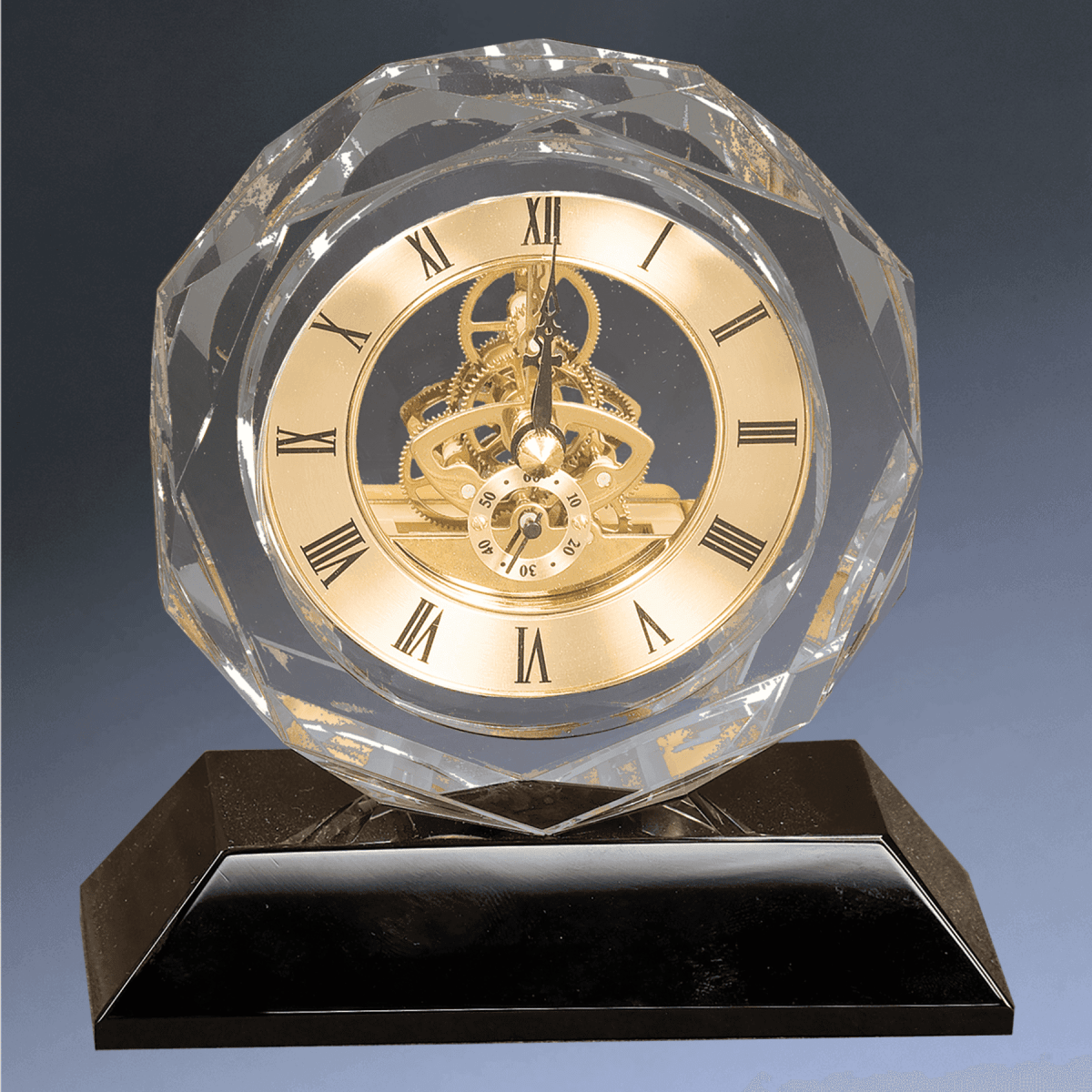 Crystal Desk Clocks – Personalized Awards, Gifts & Home Decor - Faceted Crystal with Gold Gears and Face