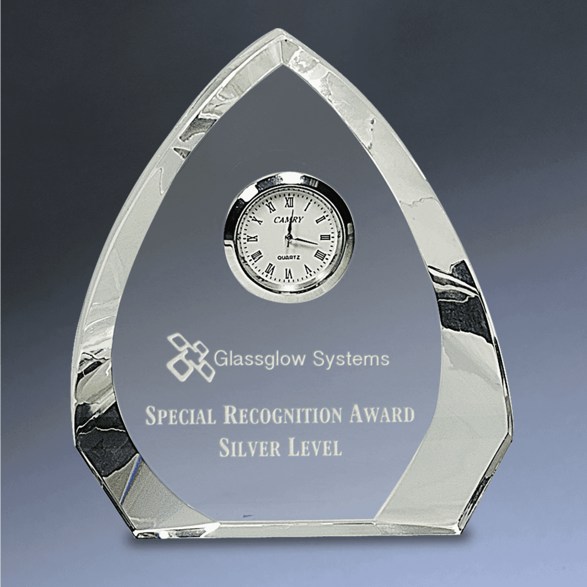 Crystal Desk Clocks – Personalized Awards, Gifts & Home Decor - Clear Crystal Arch with Silver Trim