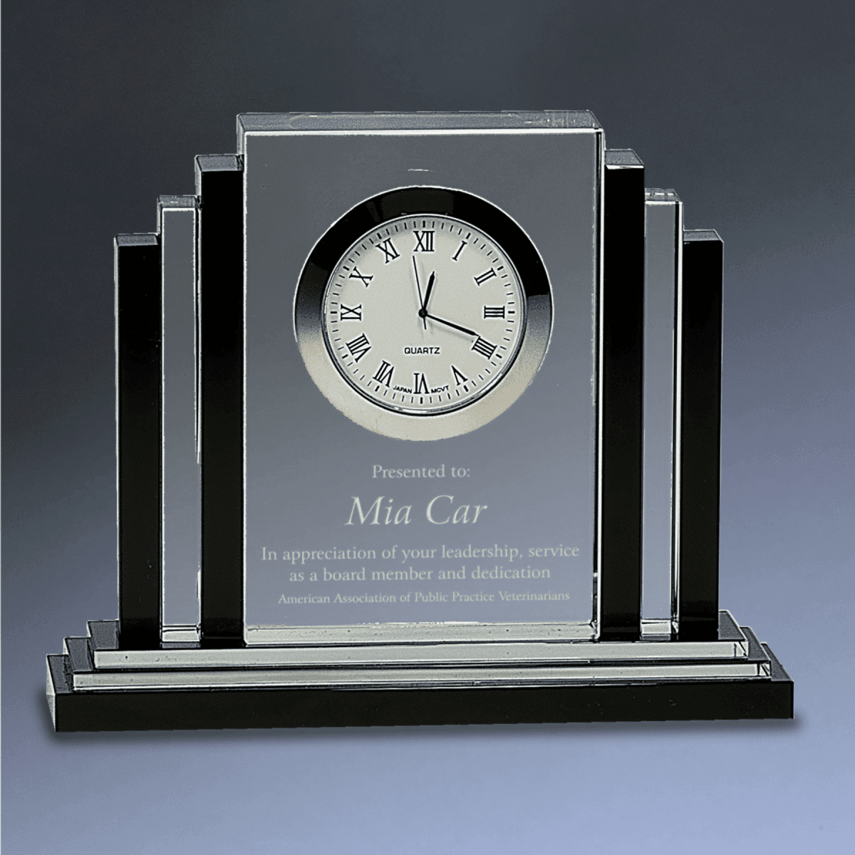 Crystal Desk Clocks – Personalized Awards, Gifts & Home Decor - Rectangle Crystal Tower with Black Trim