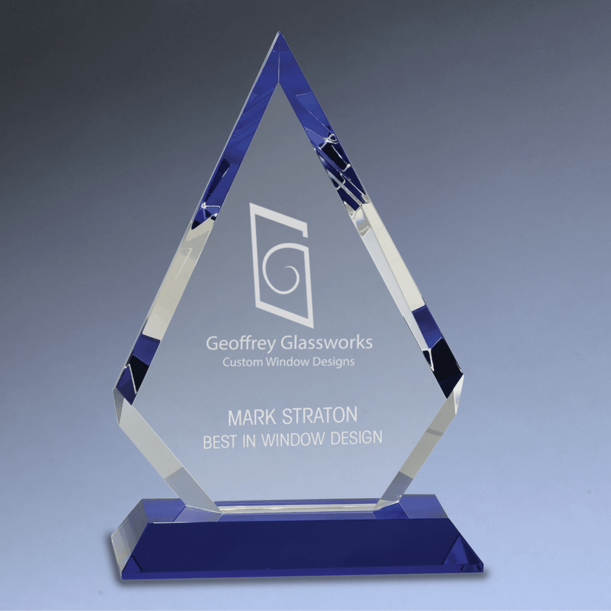 Crystal Diamond Award on Blue Pedestal Base - 6" (w) x 9" (h)