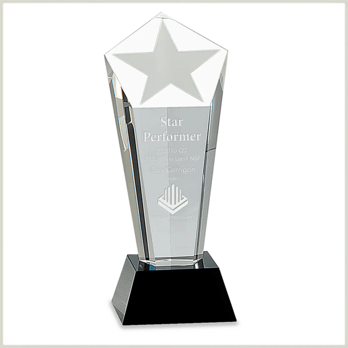 Crystal Frosted Star Column on Black Pedestal Base - LightForce Laser Engraving, LLC