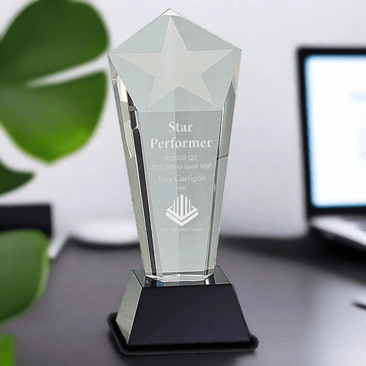 Crystal Frosted Star Column on Black Pedestal Base - LightForce Laser Engraving, LLC