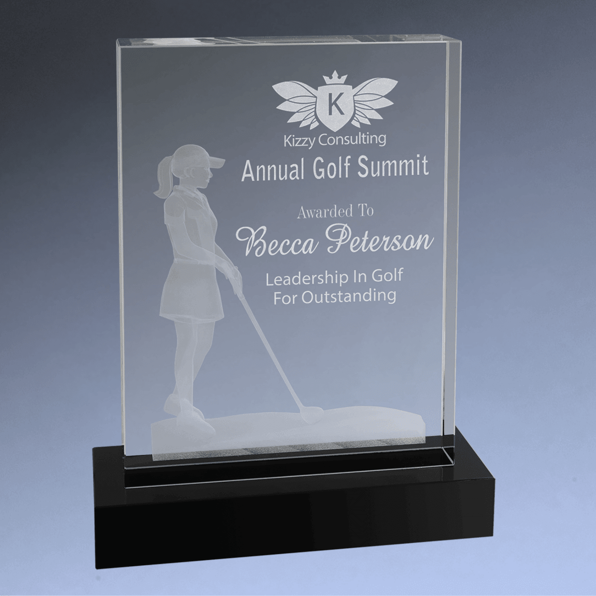 Crystal Golf Awards – Premium Recognition Trophies - 3D Etched Female Golfer on Crystal Tablet