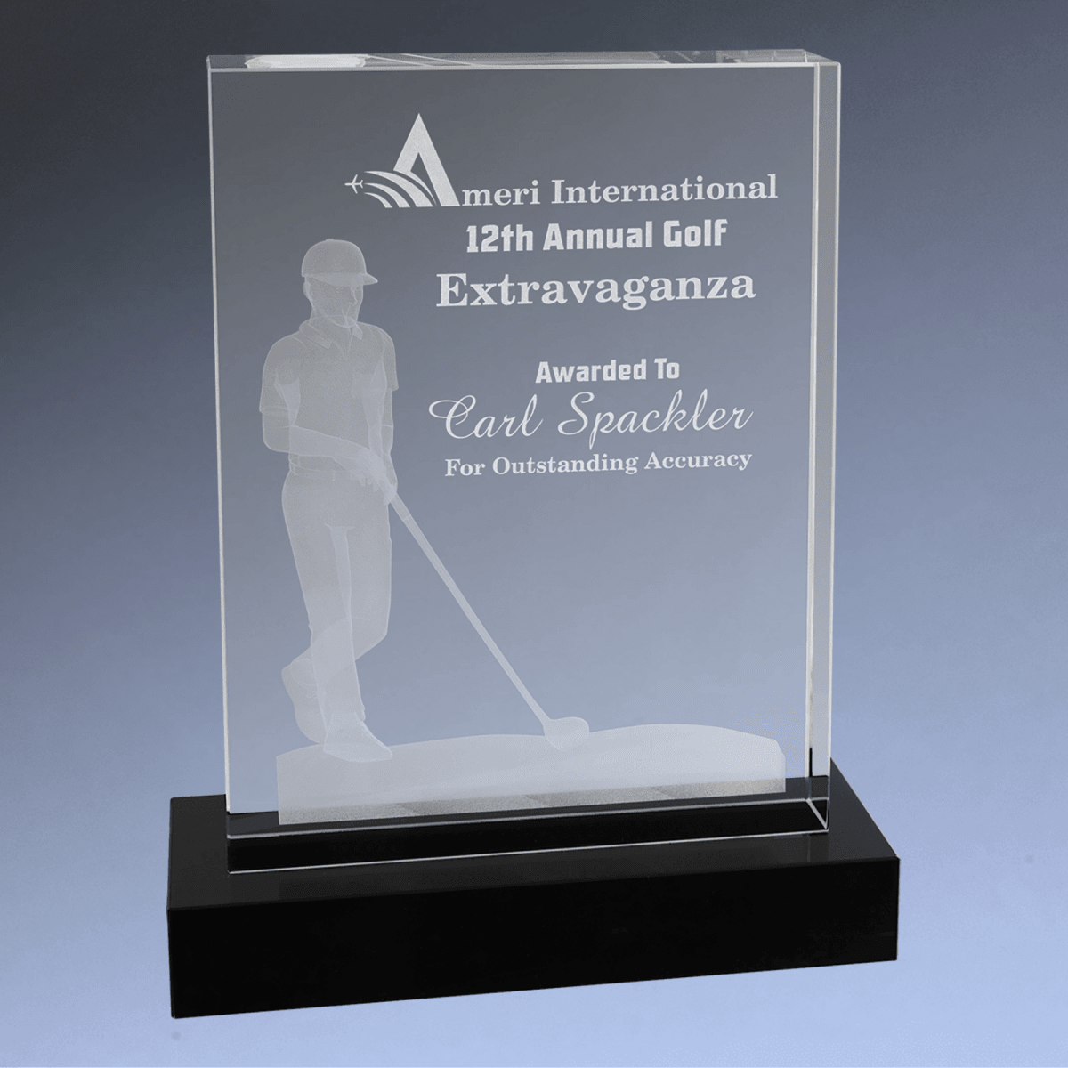Crystal Golf Awards – Premium Recognition Trophies - 3D Etched Male Golfer on Crystal Tablet