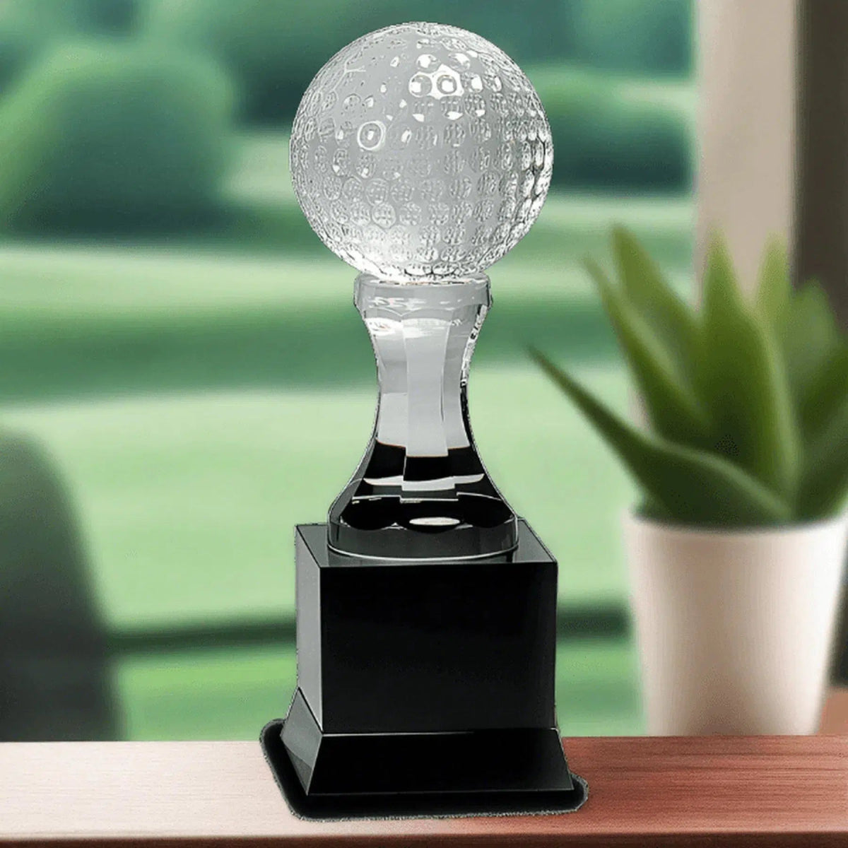 Crystal Golf Ball on Black Pedestal Base - LightForce Laser Engraving, LLC