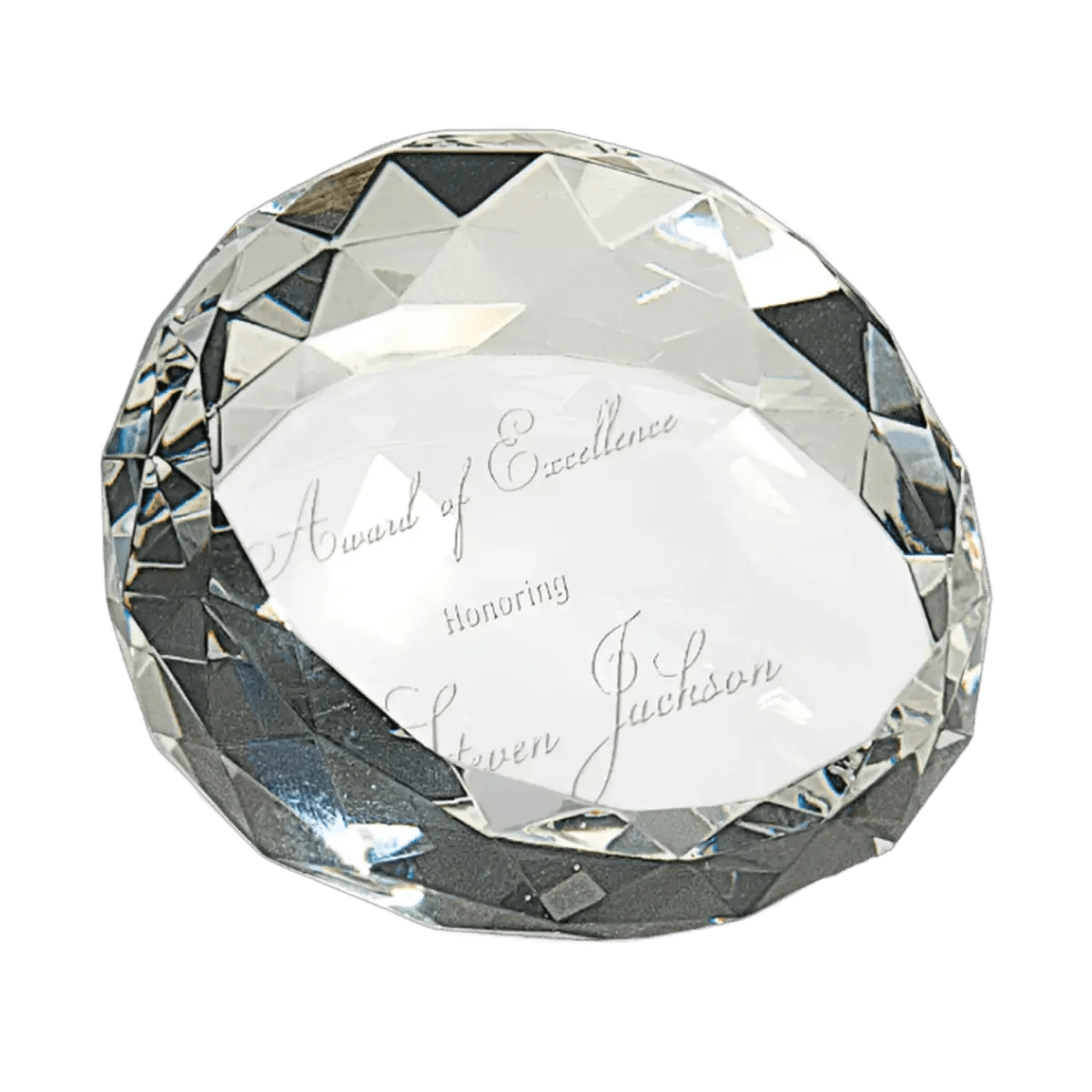 Crystal Paperweights with Laser Etching - Round Slant with Faceted Edge