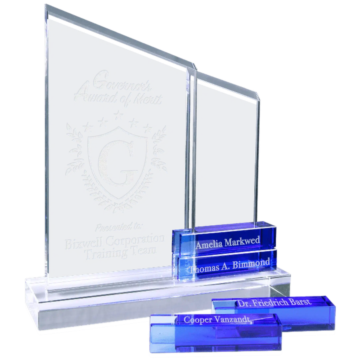 Crystal Perpetual Stand Up Plaque with 4 Crystal Blocks - LightForce Laser Engraving, LLC