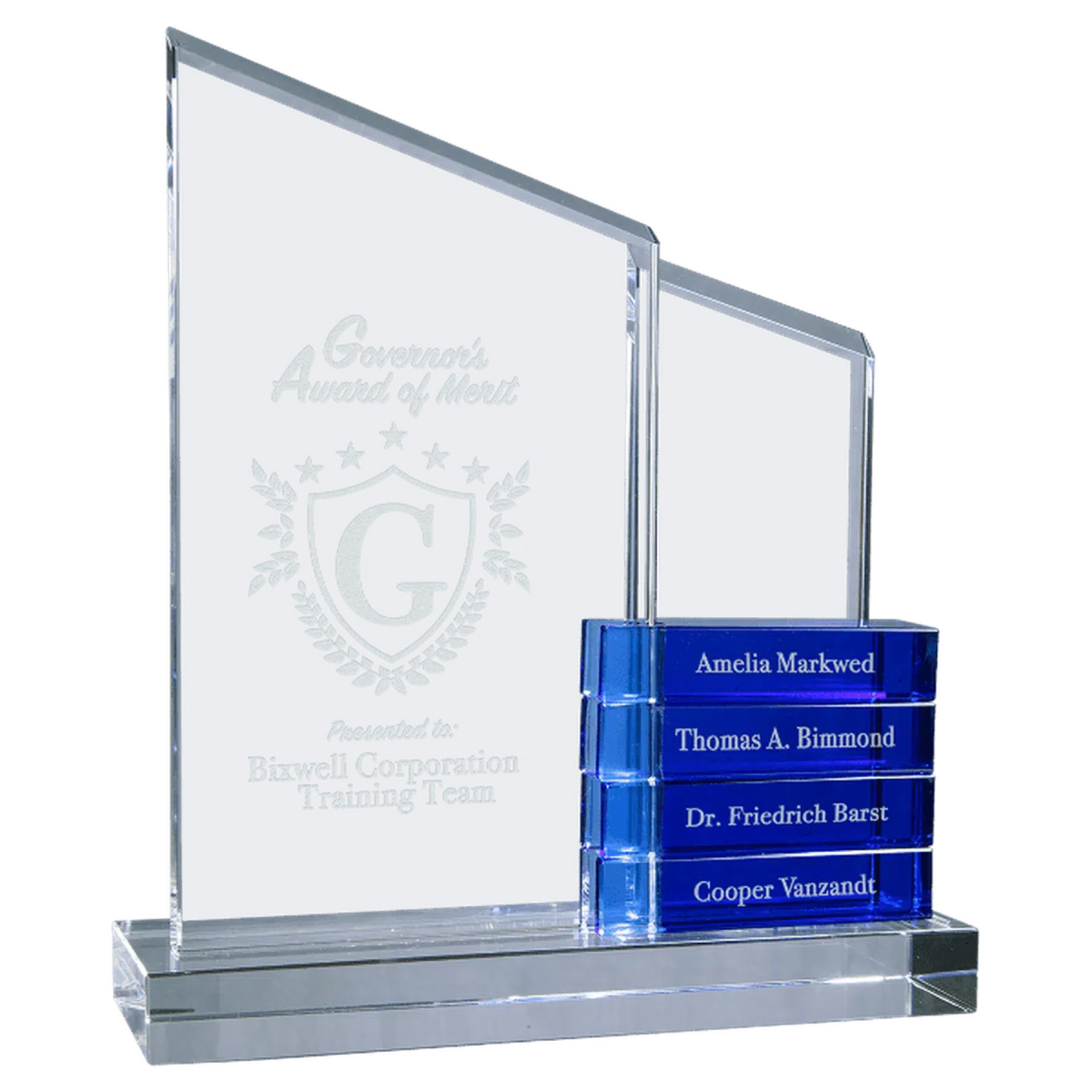 Crystal Perpetual Stand Up Plaque with 4 Crystal Blocks - LightForce Laser Engraving, LLC