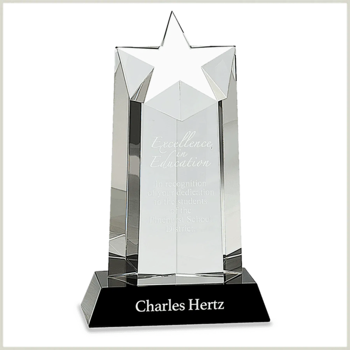 Crystal Star Column on Black Pedestal Base - LightForce Laser Engraving, LLC