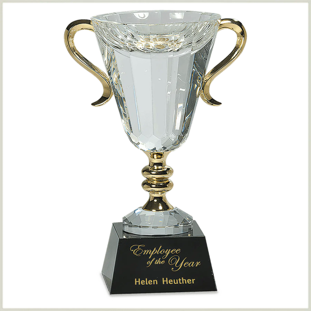 Crystal Trophy Cup with Gold Handles and Stem - LightForce Laser Engraving, LLC