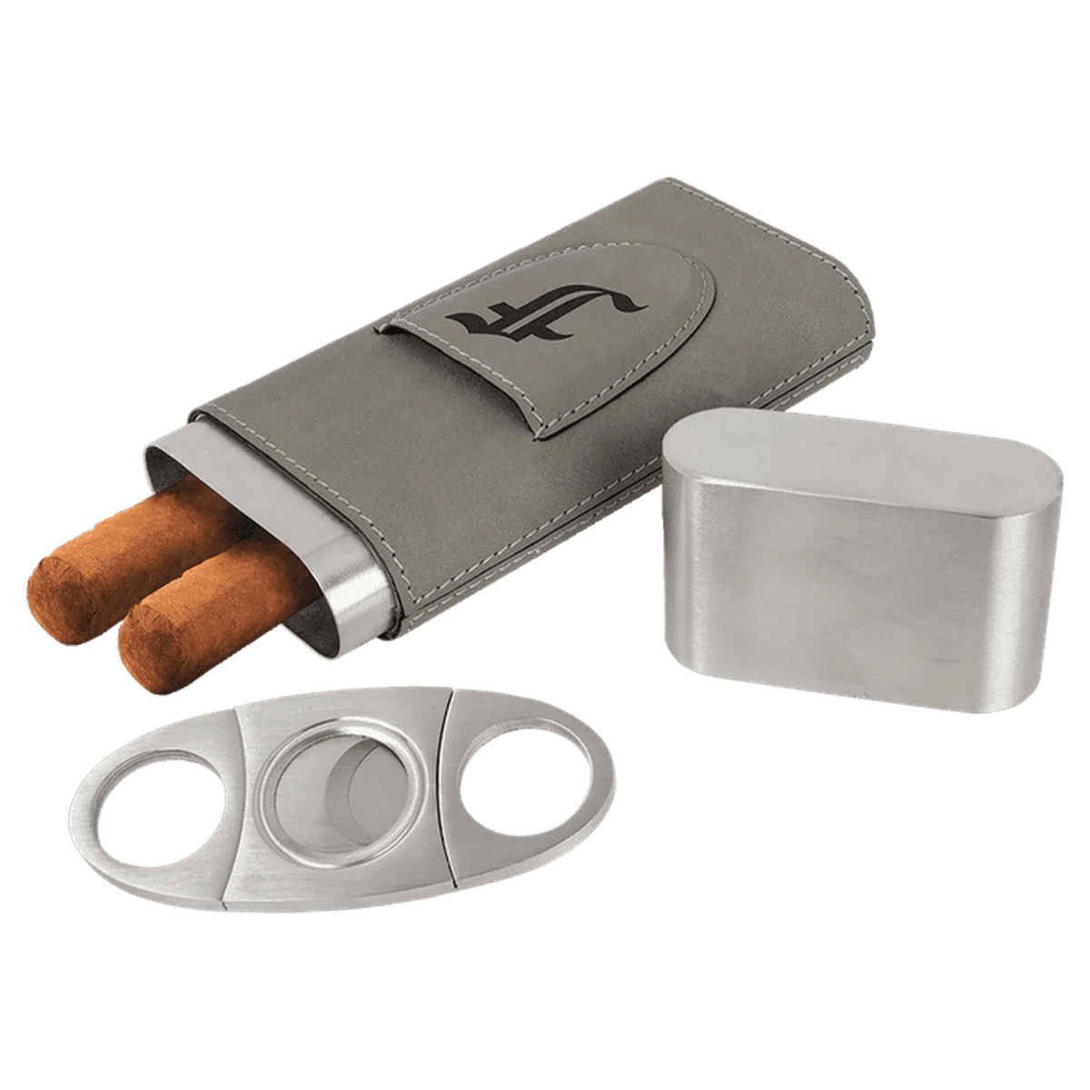 Custom Engraved Cigar Cases with Cutter in Leatherette - Gray