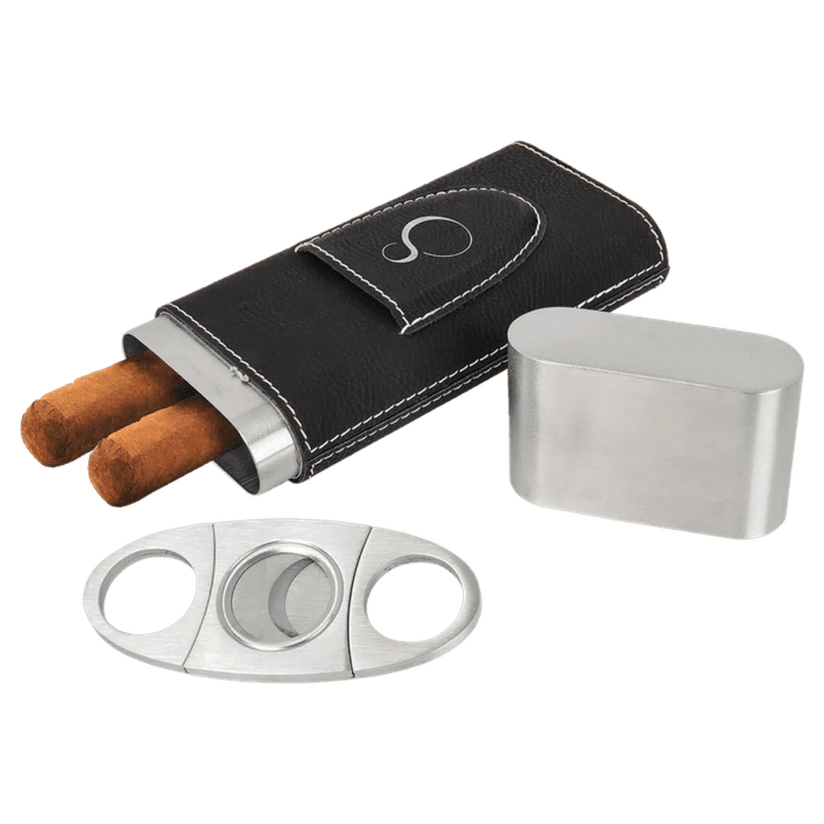 Custom Engraved Cigar Cases with Cutter in Leatherette - Black/Silver