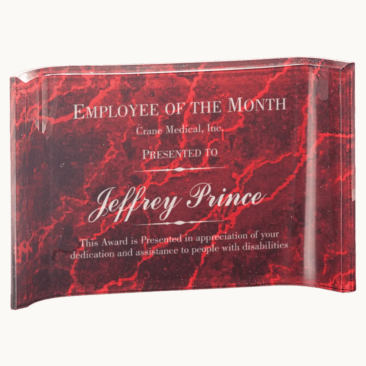 Custom Engraved Marbleized Acrylic Crescent Awards – 1" Thick Acrylic - Red