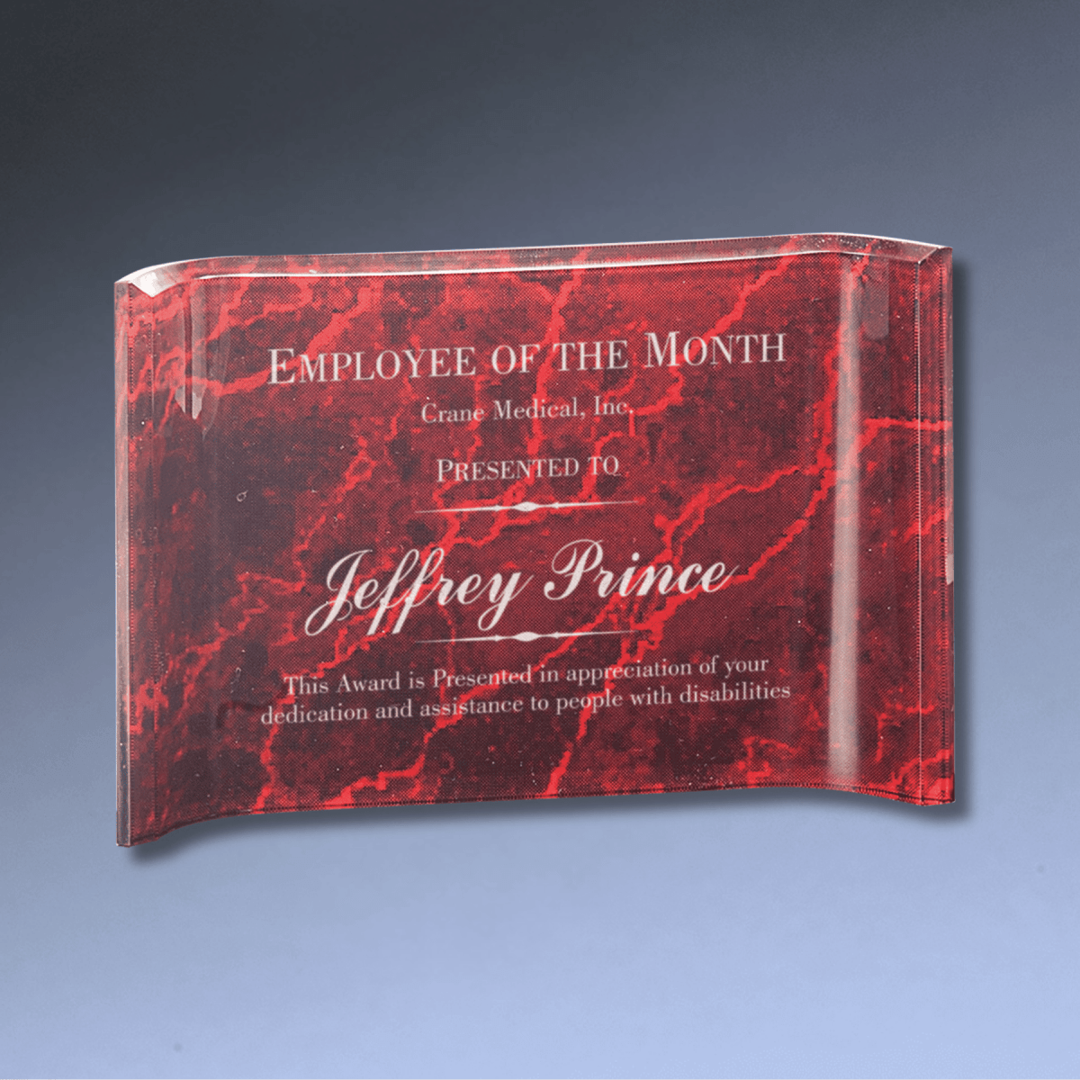 Custom Engraved Marbleized Acrylic Crescent Awards – 1" Thick Acrylic - Blue
