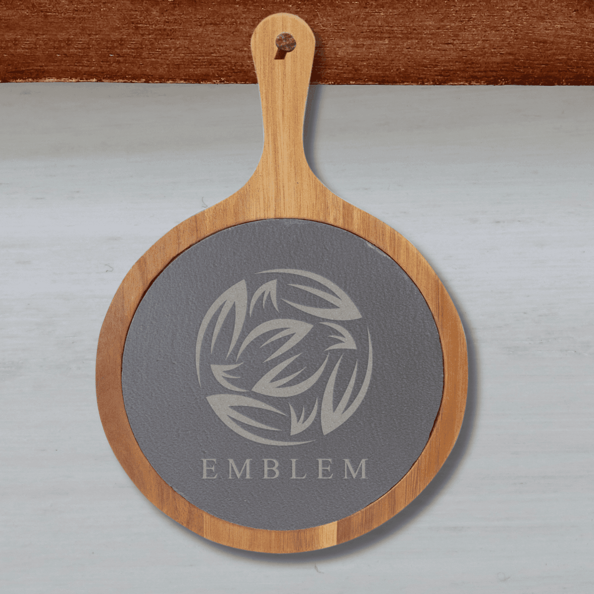 Custom Engraved Round Acacia Wood and Slate Cutting Board with Handle - 8 1/4" x 12 1/4"