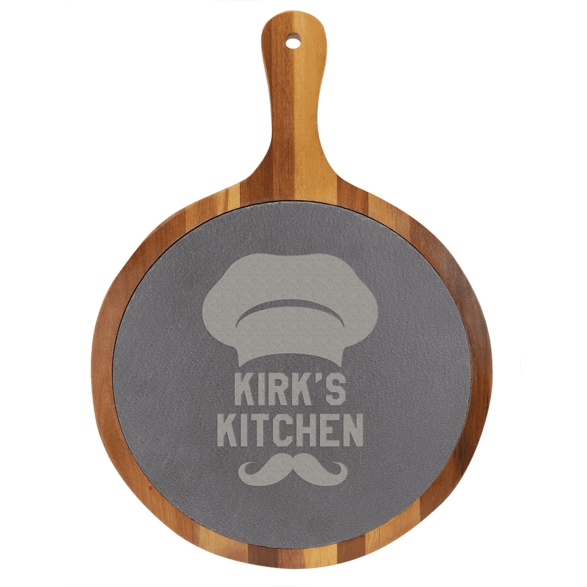 Custom Engraved Round Acacia Wood and Slate Cutting Board with Handle - 10 1/2" x 14 1/2"