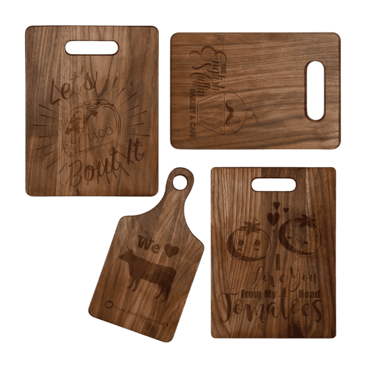 Custom Engraved Walnut Cutting Boards with Paddle Handle - 13 1/2" x 7