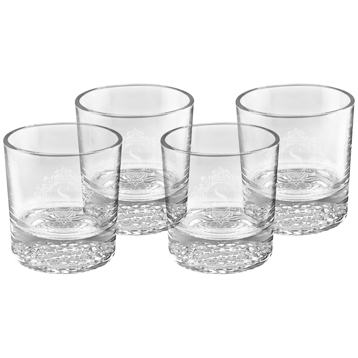 Custom Engraved Whiskey Glasses - Set of 4 Boxed Gift Set - Rounded Diamond Cut Bottom