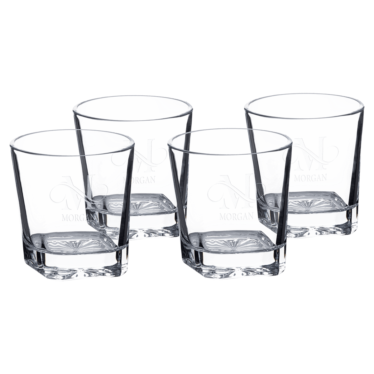 Custom Engraved Whiskey Glasses - Set of 4 Boxed Gift Set - Rounded Diamond Cut Bottom