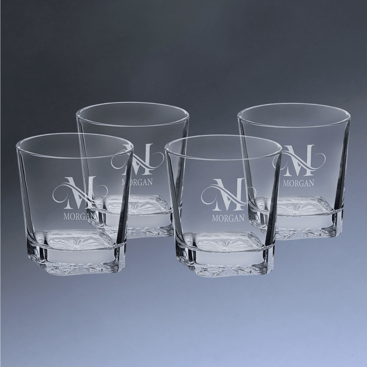 Custom Engraved Whiskey Glasses - Set of 4 Boxed Gift Set - Square Diamond Cut Bottom
