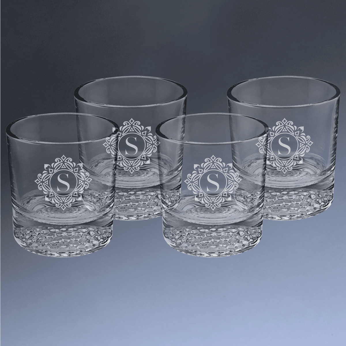 Custom Engraved Whiskey Glasses - Set of 4 Boxed Gift Set - Dimpled Golf Ball Style Bottom