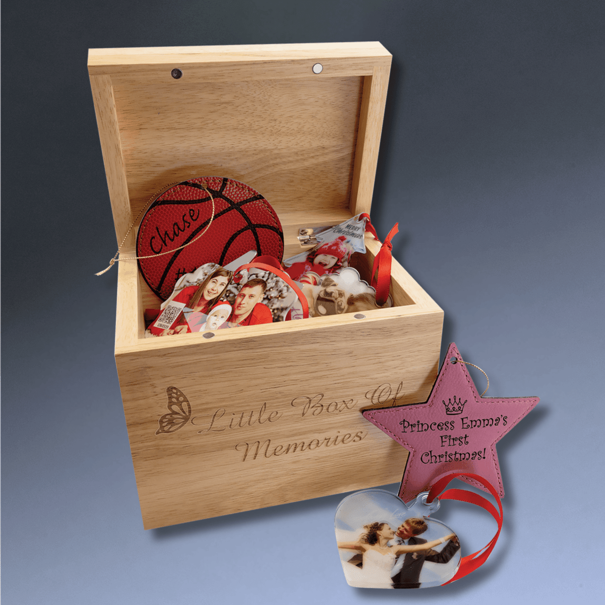 Custom Engraved Wood Keepsake and Photo Box - 6 5/8" (L) x 4 7/8" (W) x 5 1/2" (H)