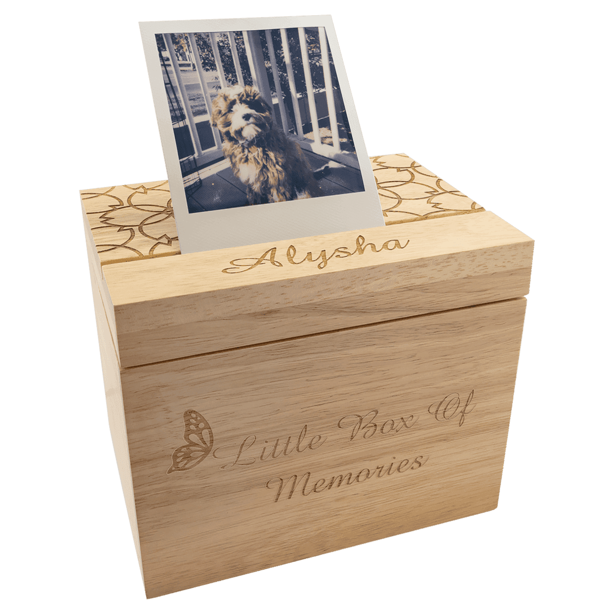 Custom Engraved Wood Keepsake and Photo Box - 6 5/8" (L) x 4 7/8" (W) x 5 1/2" (H)