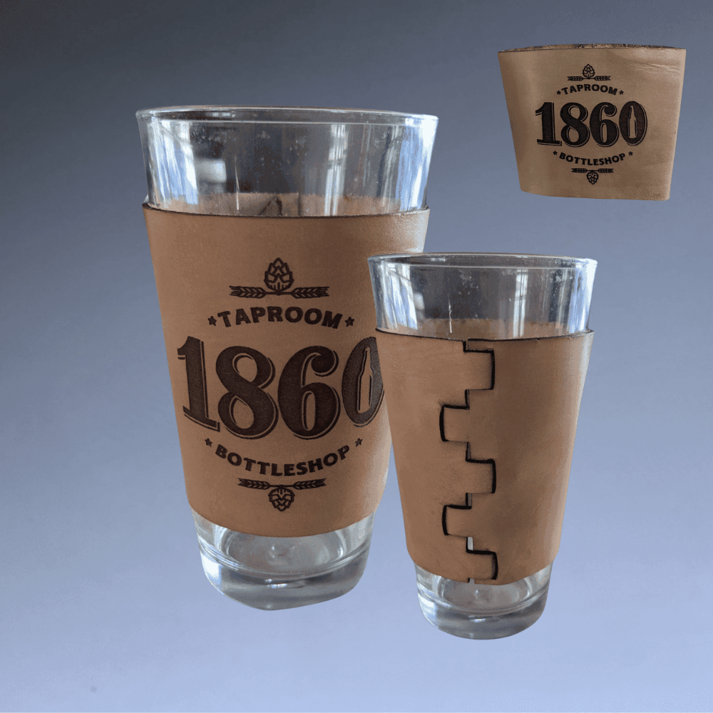 Custom Leather Pint Glass Sleeve with Engraved Personalization - 3.5"