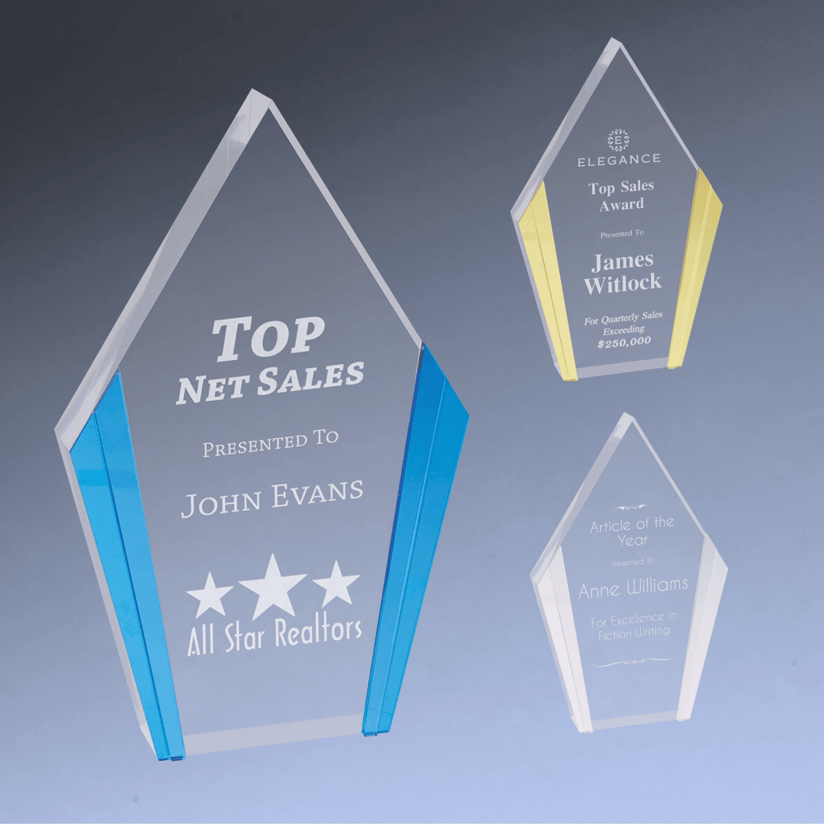 Diamond Edge Acrylic Awards with Blue, Gold or Silver Accents - Blue