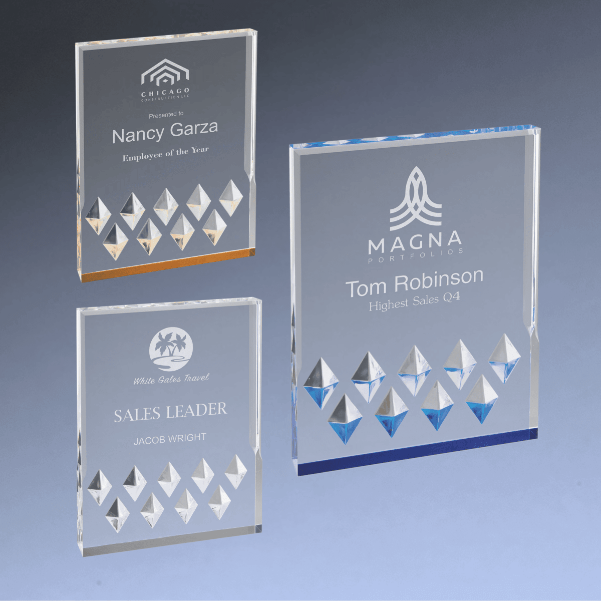 Diamond Mirage Acrylic Awards - Custom Engraved with Color Accents - Blue
