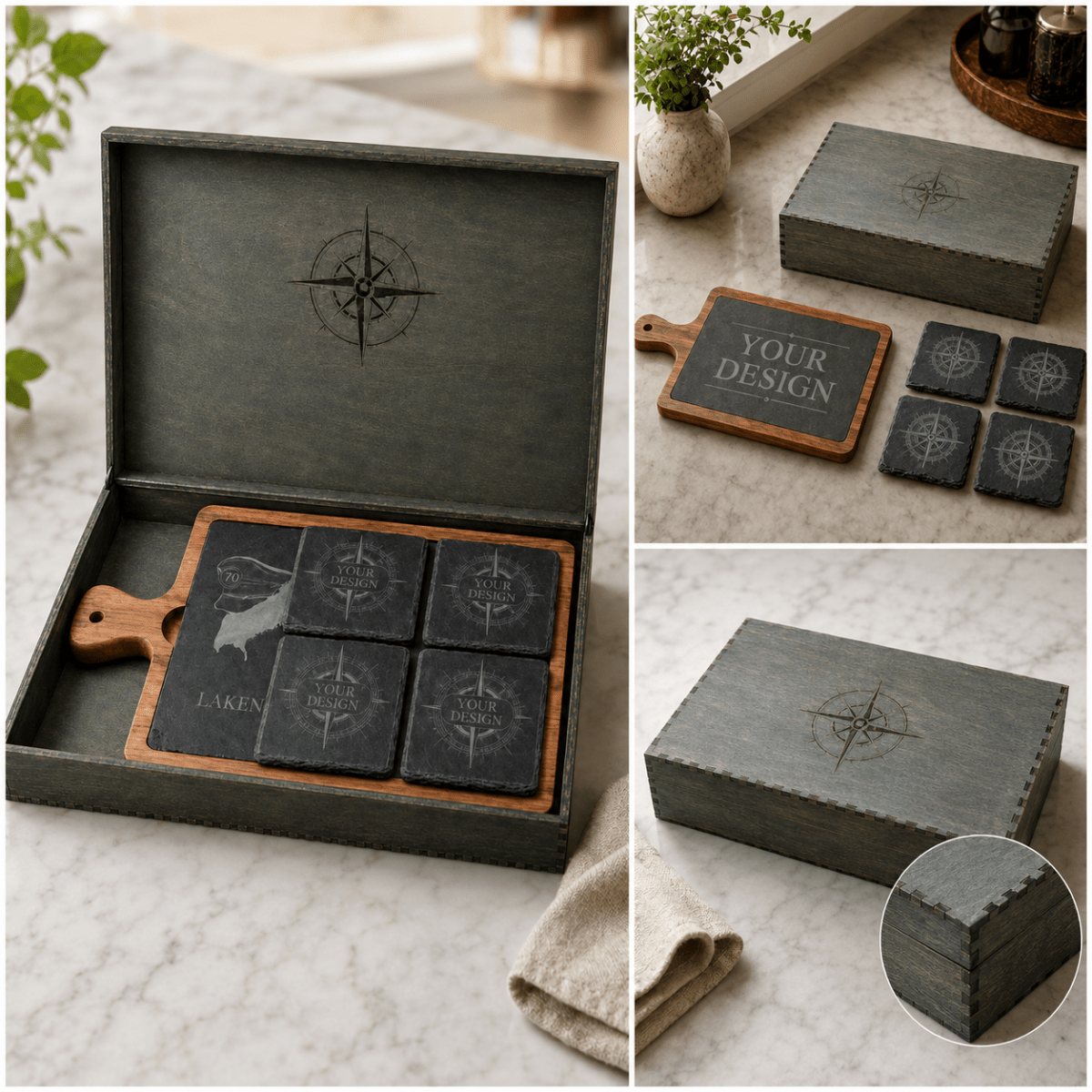 Engraved Acacia & Slate Charcuterie Board Gift Set with Coasters - 
