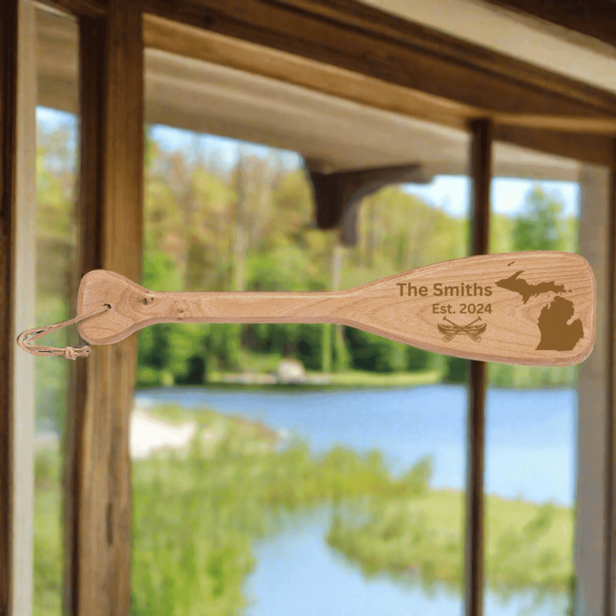 Engraved Boat Paddle Signs - Personalized Wall Decor with Leather String - Lake with Name and Est.