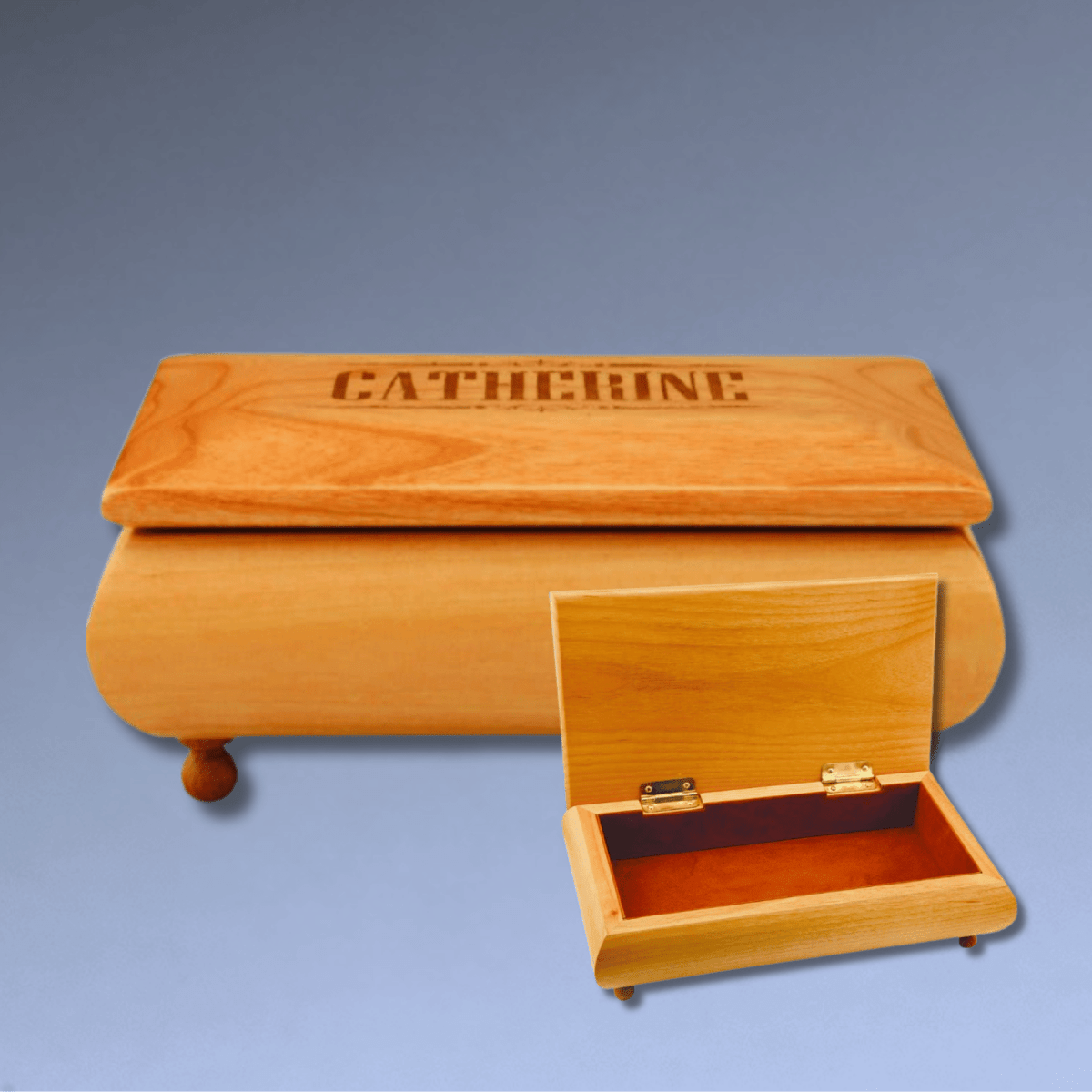 Engraved Red Alder Jewelry Box for Monograms & Designs - Footed and Lined - 7" x 4 1/2"