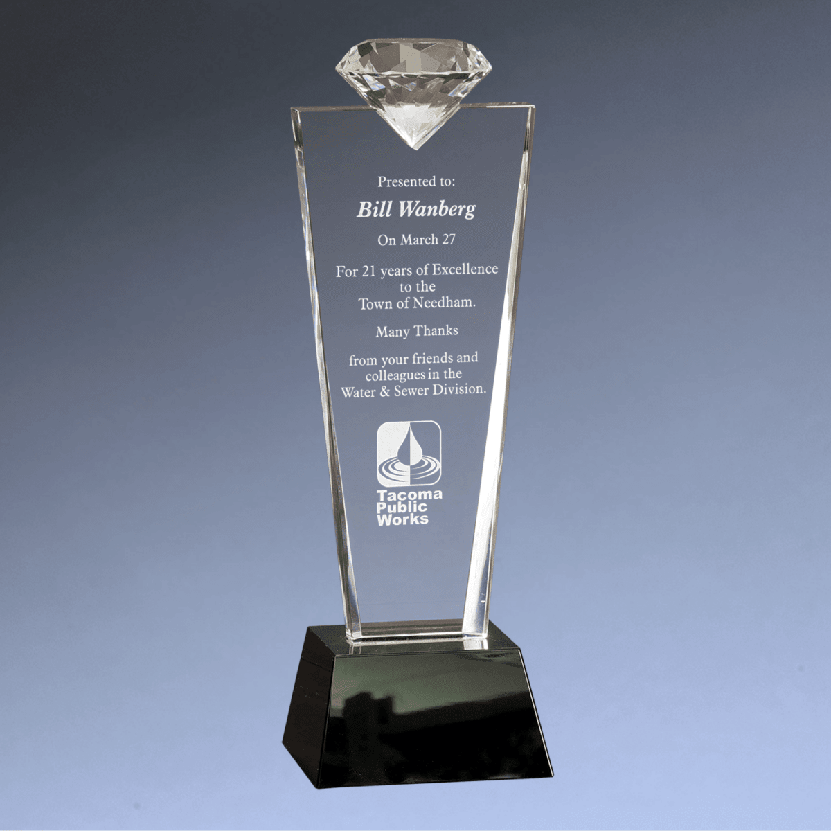 Faceted Crystal Diamond Top Award on Black Pedestal Base - 3 1/4"(W) x 11"(H)