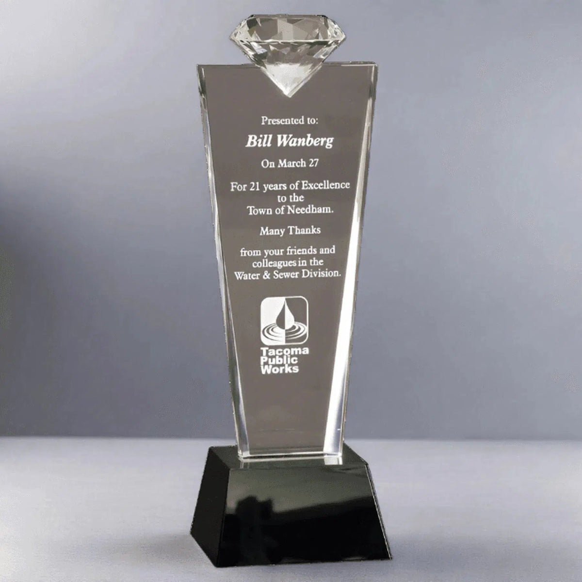 Faceted Crystal Diamond Top Award on Black Pedestal Base - 3 1/4"(W) x 11"(H)